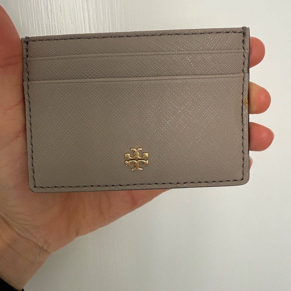 Tory Burch Taupe Card Holder with Gold Logo Accent